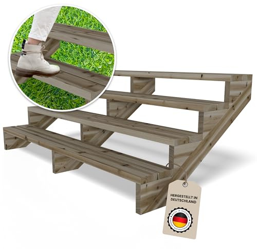 Gartenwelt Riegelsberger Terrassentreppe 4 Stufen Breite 190 cm Höhe 72 cm | Außentreppe aus imprägnierter Kiefer für Terrasse & Garten | Komplett-Set mit Wangen, Bohlen & Edelstahlschrauben