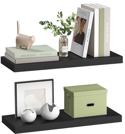eSituro Wandregal, schwebendes schwarzes Regale für Wandmontage, 2er-Set Schweberegal Hängeregal Wandbrett im Wohnzimmer Schlafzimmer Küche Badezimmer, 60x3,8x22,9 cm | für Wohnzimmer Schlafzimmer Küche Badezimmer, Schweberegal hängend, mit unsichtbarer Halterung