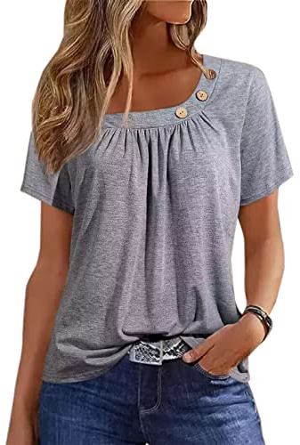 VKEGNIO Button Ruffled Irregular Collar Shirts for Women Summer Casual Short Sleeve Shirt Tunic Top Loose Blouse (Large, Grey)