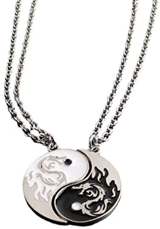 Guoguonb Par de collares Taichi BFF Cadena de la amistad Ying Yang Colgante Cadena Dragón Tallado Joyas Cadenas para Mejores Amigos Pareja y Amantes Regalos, 20x20mm (Pendel) / 45 cm (Kette), Metal
