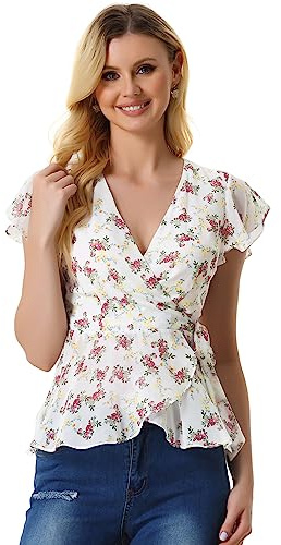 Allegra K Wrap Tops for Women's Floral Printed V Neck Slit Sleeve Tie Waist Peplum Blouse X-Large White