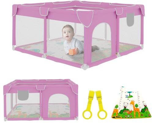 JUPPLIES Parque Infantil Bebe 120x120cm + Alfombra Bebe – Corralito Bebe con Malla Transpirable – Parque de Juegos Bebe Plegable con Puerta Lateral – Playpen Bebe - Rosa