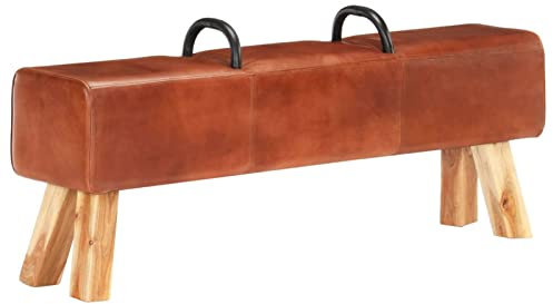 Homgoday Vintage Turnbock-Bank mit Griffen Echtes Ziegenleder - Braun, Akazienholz, 135 x 25 x 55 cm, für Wohnzimmer und Fitness Model286605