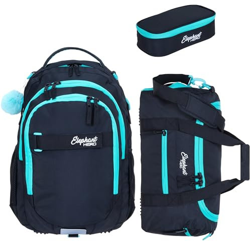 Elephant 3 Teile Set Schulrucksack Jungen Mädchen Signature Hero 2 Schultasche Laptopfach Rucksack + Sporttasche + Mäppchen Box (Tiff Türkis 13015 (Schwarz Türkis))