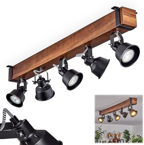 HOFSTEIN Deckenleuchte Safari, verstellbare Deckenlampe aus Metall/Holz in Schwarz/Natur, Leuchte im Industrial/Retro/Vintage-Design, Holzbalken, 5 x GU10, Wohnzimmer, Esszimmer, Schlafzimmer, Küche