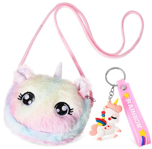 PlüSch UmhäNgetasche MäDchen, Einhorn Tasche Mit SchlüSselanhäNger, Kawaii Kinder Handtasche FüR 4-12 Jahre, Weiche Schultertasche FüR Teenager, Geschenkidee Geburtstag