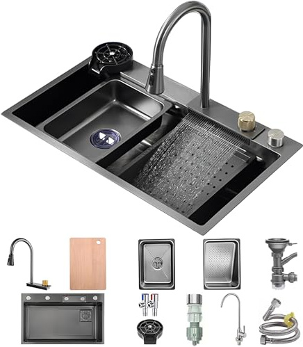 OMGMTSTORE Fregadero de cocina multifuncional de acero inoxidable, 68 x 45 cm, con grifo extraíble 3 en 1, componente de drenaje, limpiacristales