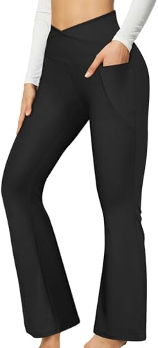 4How Flare Leggings for Women UK 2025 High Waisted Workout Leggings with Pockets Tummy Control Crossover Waist Compression Bell Bottom Yoga Wide Pants Black M