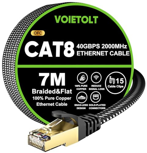 VOIETOLT Cat 8 Ethernet Cable 7M, High-Speed 40Gbps/2000Mhz Flat Braided Internet Cable, Gigabit STP RJ45 Network Cable Compatible for PS4/5, for Modem, PC/Laptop