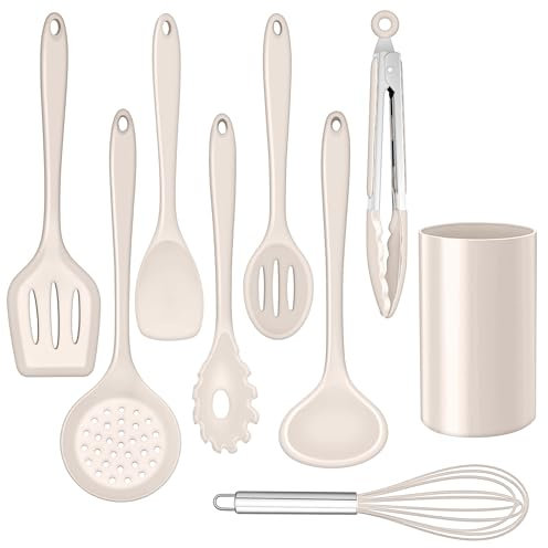 HaWare Set di utensili da cucina in silicone, 9 pezzi, utensili da cucina resistenti al calore, set da cucina antiaderente con porta utensili, lavabile in lavastoviglie, colore kaki