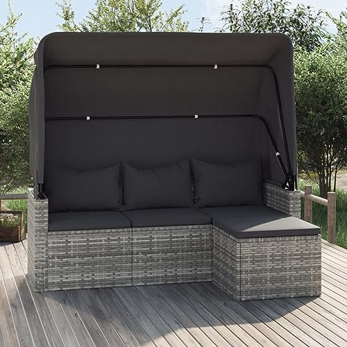 Homgoday Gartensofa mit Faltbares Dach Gartensofa 3 Sitzer Sofa Couch Balkonsofa Gartenmöbel Sonneninsel Lounge Gartenbank Gartenliege mit Fußhocker Loungemöbel Grau Poly Rattan