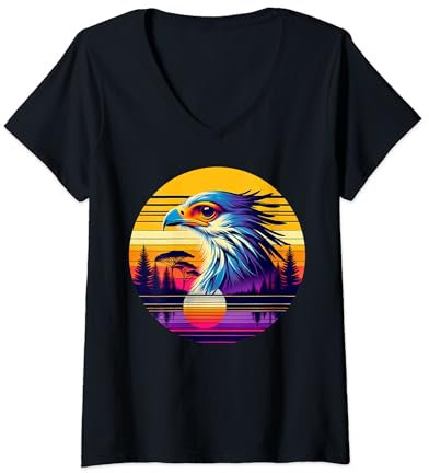 Damen Sekretär Vogel Sonnenuntergang Retro Stil Safari Vintage 70er Jahre T-Shirt mit V-Ausschnitt
