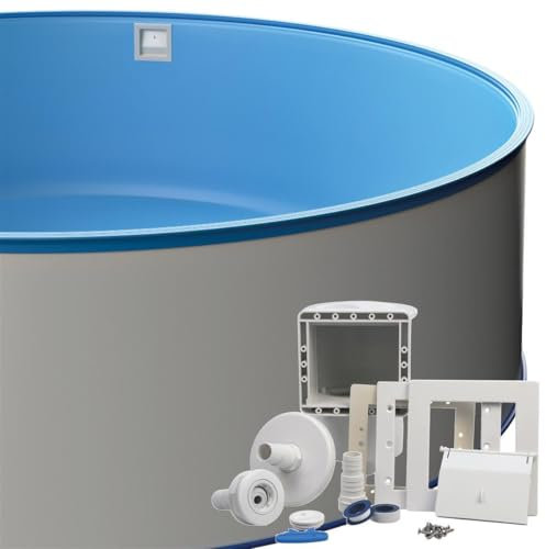 Runder Stahlwandpool-Set Ø 6,00 x 1,20 m, Stahlwand 0,6 mm, inkl. Bodenschienen & Handlauf, Einbauskimmer-Set, Innenhülle 0,6 mm in Blau, Made in Europe