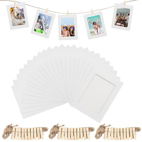 30 Pz Cornice di Carta per Foto DIY, Cornice Portafoto in Carta Kraft, 15,2 x 11,5 cm Cornici di Carta, Portafoto de Parete con Clip di Legno e Corda di Canapa per Decorazione di Matrimonio Festa