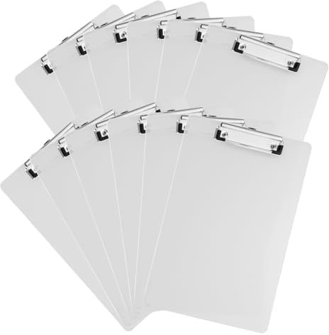 EATHEATY Lot de 12 planchettes à pince en plastique transparent de 32 x 22,9 cm pour tableau blanc de bureau avec clip en métal à profil bas, porte-bloc mémo pour salle de classe, bureau, fournitures