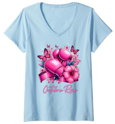 Femme Octobre Rose 2027 Lutte Contre Cancer Du Sein T-Shirt avec Col en V