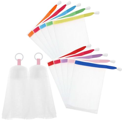 Aeaocvo Seifensäckchen Set, 10 Stück Seifenbeutel und 2 Stück Gesichtsreinigungsnetze, Feste Seifensack mit Kordelzug, Seife Mesh Tasche, Seifennetz zum Duschen (Farbe Zufällig)
