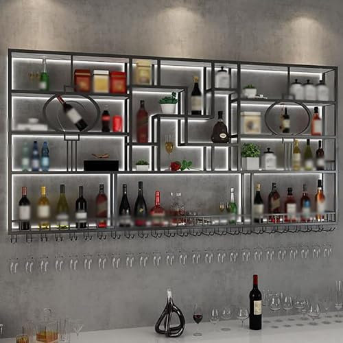 ICEMOB Botellero Vino con Luz LED,Botellero Pared Metal,Multifunción Mueble Botellero,Vinotecas para Cocina, Comedor, Hogar, Bar,Exhibidor De Vidrio,Negro,180CM