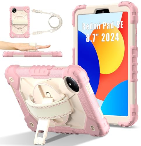 Compatibile con Xiaomi Redmi Pad SE 8.7 4G Rilasciato 2024, resistente TPU Cover 360 Rotante Cinghia da Polso e Supporto+Tracolla per Redmi Pad SE 8.7 4G Tablet Case (Oro Rosa Beige)