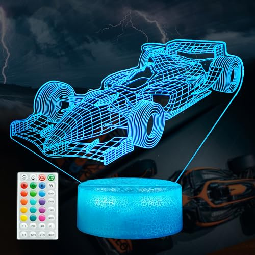 POSSHE Racing Car Gifts for Boy, Race Car Night Light with Remote Control, 16 Colors Changing, RGB Flashing Mode and Dimmable, Race Car Gifts for Boys Christmas Decor