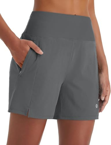 baleaf Women's Swim Shorts High Waisted Quick Dry 5'' Modest Swimsuits Bottoms Tummy Control Boxer Liner Board Shorts 2025 with Zipper Pockets Dark Gray M