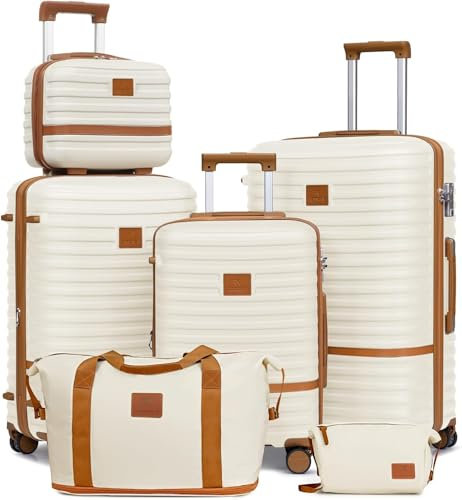 Joyway Kofferset Reisekoffer Set 6tlg Hartschale mit Beautycase Kosmetikkoffe mit 4 Rollen und TSA-Schloss Der Gepäcksets Enthält 1 Reisetasche und 1 Kulturbeutel Weiß