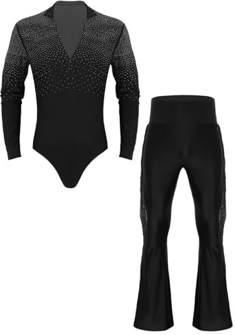 Agoky Herren Langarm Body V Ausschnitt Latein Bodysuit mit Lange Standard Anzug Hose Ausgestellt Tanzhose Zweiteiler Tanzbekleidung Schwarz M