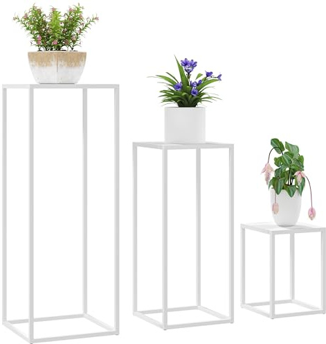 Outsunny Set di 3 supporti per piante sgabello quadrato impilabile in metallo per fiori, supporto per vasi da fiori per interni ed esterni, per giardino, balcone, casa, bianco