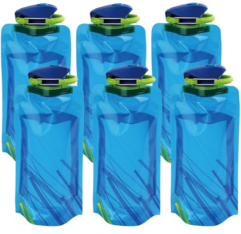 Catelves Vikbar vattenflaska, festival 700 ML, 6 stycken dricksflaskor, vikbar, återanvändbar vikbar vattenflaska, drickpåse, vikbar flaska med skruvlock för festival, vandring, resor (blå)