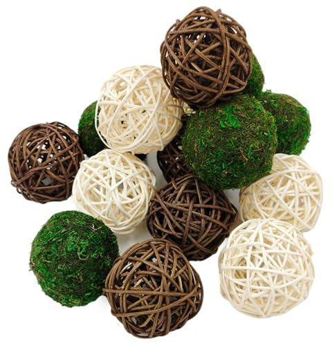Pemalin 15pcs Decorative Balls for Vase Centerpiece Bowls Orbs Filler Table Decor, 2.4 in Wicker Rattan Balls and Moss Balls Set(Green + Brown + White)
