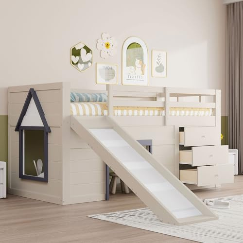 LAKFEW Cama Infantil Cama Alta 90x200 cm con Tobogán y Escalera, Camas Altas con 3 Cajones y 2 Puertas, Camas Infantiles de Madera con Barandillas Anticaída, Crema, Sin Colchón