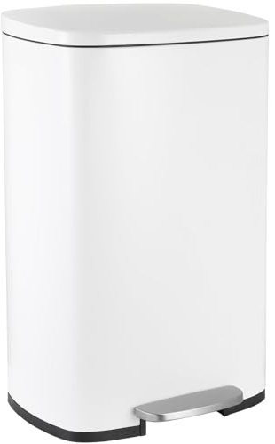 LIFERUN Cubo de basura de acero inoxidable, 50 l, con tapa, de cierre suave, cubo de basura con pedal grande, cubo interior extraíble, aislar el olor, para cocina, baño, oficina, color blanco