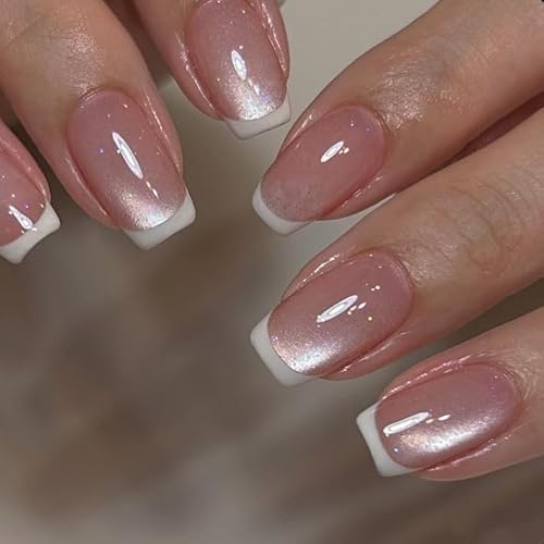White French Tip Press on Nails - 24 Pcs Short Pink Cat Eye Square Fake Nails - Stick on Gel False Nails for Women - Long Lasting,Firm & Not Easy to Fall Off, Harmless,Reusable,Light Soft