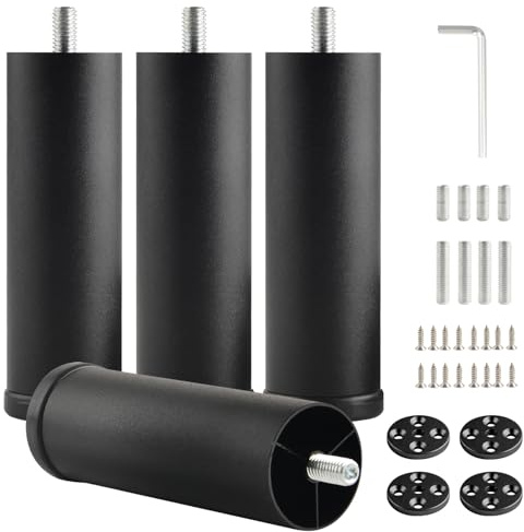 funifiti 4 Pack Furniture Legs Cabinet Metal Cylinder Risers Legs M8 Screw in Support Foot for Bed Frame Replacement 4.7 Inch Black Dresser Coffee Table Feet