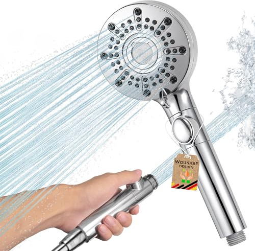 Vattensparande duschhuvud med tryckökning, 4,6 L/min, handdusch med femstegsmod, högtryck duschhuvud – enklickstvattensstopp - ABS - regnshower-dusch, krom