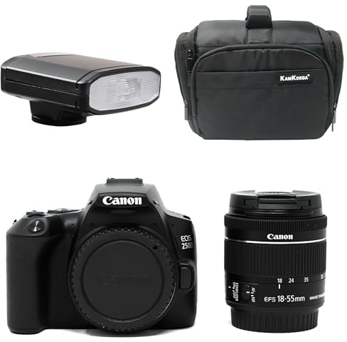 KamKorda Camera Bag + Flash + 250D DSLR Camera + 18-55 f/4-5.6 Lens, 24.1 megapixels, APS-C / 22.3 x 14.9 mm CMOS sensor, Touchscreen, UHD 4K Video, Built-in WiFi/Bluetooth + 2 Year Warranty