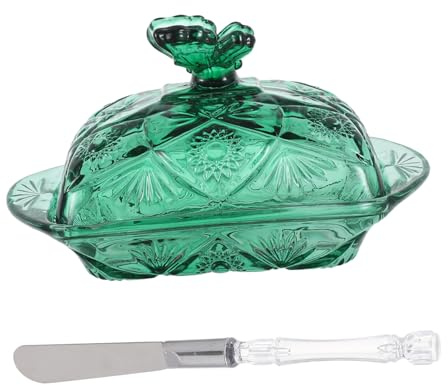iplusmile Mantequera de Vidrio Vintage Verde con Tapa y Cuchillo Recipiente Hermético para Mantequilla Bandeja Redonda para Pasteles y Postres para Refrigerador y Mostrador