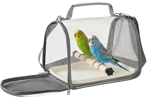 Zuisfau Portable Bird Carrier for Travel, Breathable Small Animal Travel Cage with Perch & PP Tray, Ideal for Parrot, Parakeet, Small Animals on Hiking, Camping & Vet Visits (Grey)