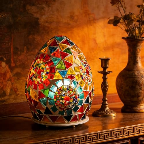wpdash Rotating Egg-Shaped Tiffany Style Table Lamp (D:4.72 x H:5.91) Stained Glass Light with 360°Spinning Base Mosaic Night Light for Living Room Children's Room Festive Decoration & Gift