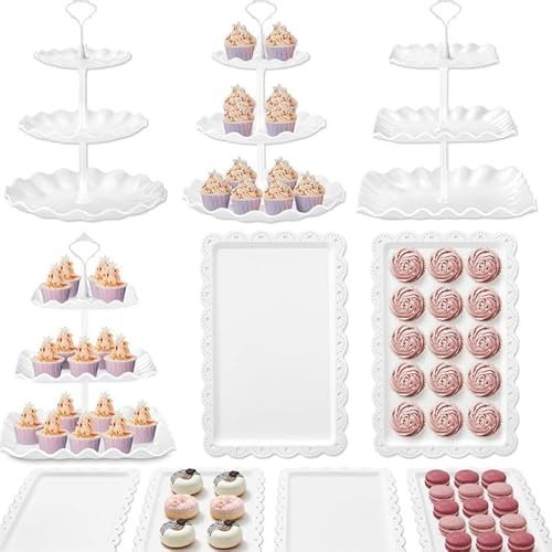 10 Piece Cake Stand Set with 4 x Large 3-Tier Cupcake Stands + 6 x Appetizer Trays Perfect for Wedding Birthday Baby Shower Tea Party (White)