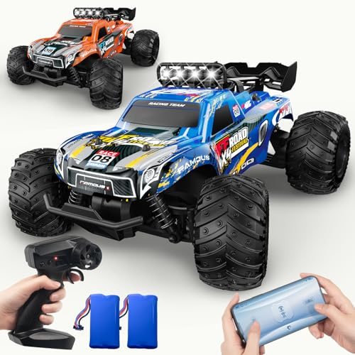 28km/h Ferngesteuertes Auto ab 5 6 jahre, 1:18 Monstertruck Ferngesteuert | RC Auto mit Licht, Ferngesteuertes Auto mit Zwei Karosserie, 2Akku 60 Minuten, 2,4GHz RC Buggy Rennauto ab 5 6 7 8 Jahre