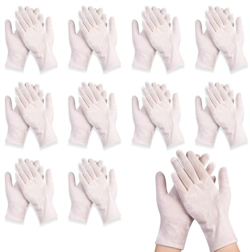 WUMZIRA 10 Pares Guantes de Algodón Blancos M, Guantes Hidratantes Manos para Dermatitis y Cremas, Guantes Blancos Reutilizables para Inspección de Joyas y Trabajo Ligero
