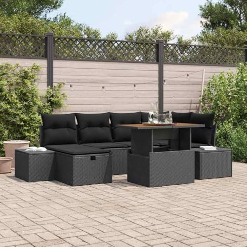 Ziaphsol Trädgårdssockset med kudde 7 delar svart poly-rotting modern loungegrupp för terrass trädgård balkong utomhusmöbler med justerbara fötter, förvaringsutrymme