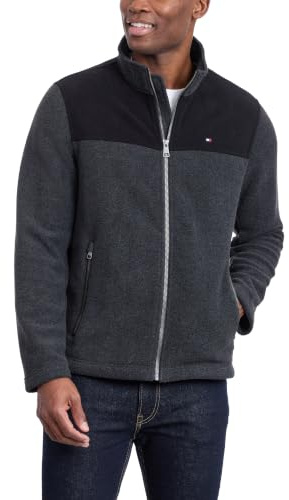 Tommy Hilfiger mens Classic Zip Front Polar Fleece Jacket, Black/Charcoal, XX-Large US