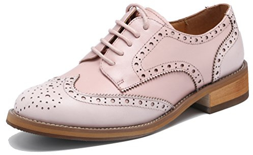 U-lite Women's Perforated Lace-up Wingtip Leather Flat Oxfords Vintage Oxford Shoes Brogues (11, Pink/Light Pink)