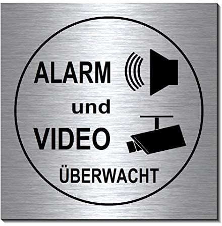 Video + Alarmgesichert-Videoüberwacht-Schild 100 x 100 x 3 mm-Aluminium Edelstahloptik silber mattgebürstet-selbstklebend Warnschild-Videoschild-Hinweisschild 1910-72