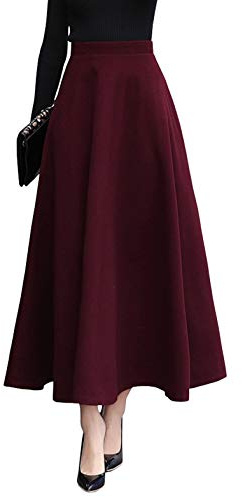 CHARTOU Women's Stretchy High Waist Woolen Flared A Line Swing Maxi Long Skirt (Large, Wine Red)