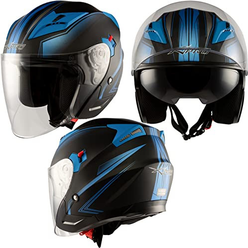Moto Casque Jet Scooter Double Visière Certificat ECE 22-06 Noir Matt Bleu M
