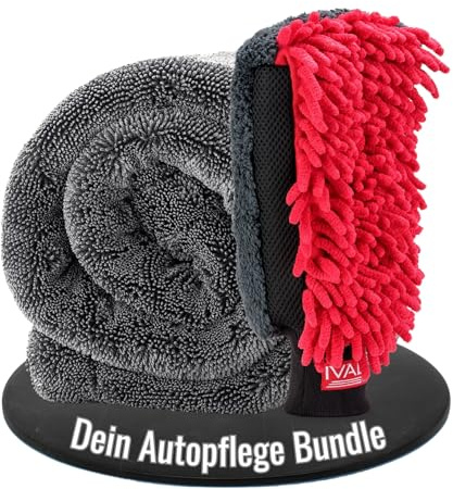 Ivality® 3in1 Auto Waschhandschuh 3in1 + Mikrofaser 1800 GSM Trockentuch 80x50cm – Lackschonend & Saugstark - Kratzfreier Autoschwamm Kfz & tuch Für Auto Waschen , Felgenreiniger & Insekten entferner