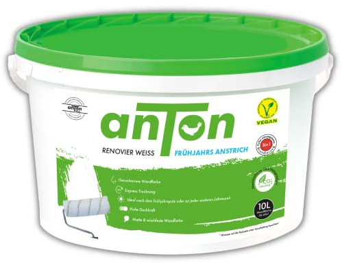 Anton Renovierweiß 10L | weiß | hohe Deckkraft | Expresstrocknung | für die perfekte Verteilung | für raue und glatte Untergründe | 50-60m² | natürlich vegan (10 Liters)